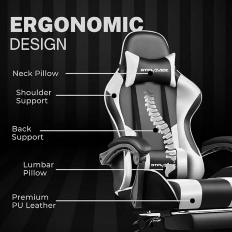 Gaming Chair for Adults Ergonomic Office Chair with USB Massage Lumbar, Footrest and Headrest PU Leather Computer Desk Chair for Video Gaming and Work 360° Swivel, Height Adjustable - Image 5
