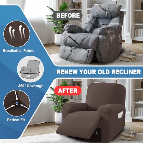 JIVINER 3 Piece Recliner Chair Cover Stretch Lazy Boy Non Slip Covers for Recliner with Pockets Soft Jacquard Reclining Sofa Slipcovers Furniture Protector with Elastic Bottom (1 Seater, Coffee) - Image 4