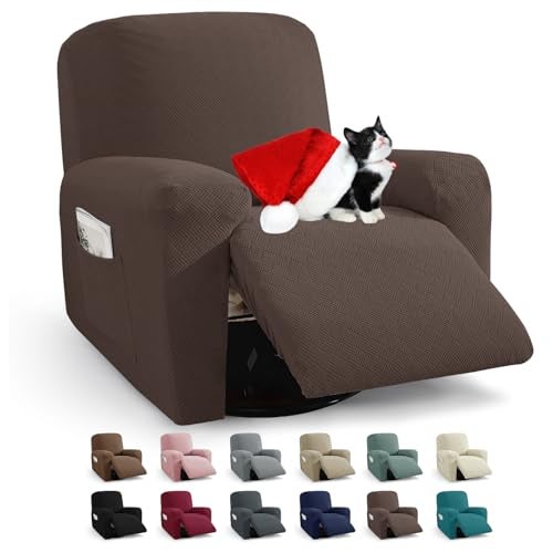 JIVINER 3 Piece Recliner Chair Cover Stretch Lazy Boy Non Slip Covers for Recliner with Pockets Soft Jacquard Reclining Sofa Slipcovers Furniture Protector with Elastic Bottom (1 Seater, Coffee) - Image 1