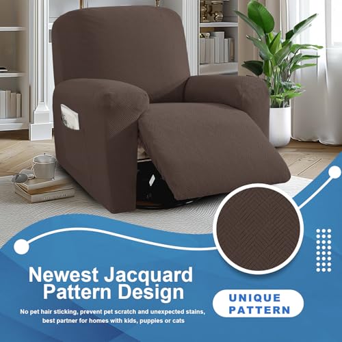 JIVINER 3 Piece Recliner Chair Cover Stretch Lazy Boy Non Slip Covers for Recliner with Pockets Soft Jacquard Reclining Sofa Slipcovers Furniture Protector with Elastic Bottom (1 Seater, Coffee) - Image 2