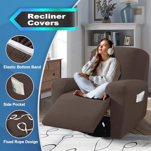 JIVINER 3 Piece Recliner Chair Cover Stretch Lazy Boy Non Slip Covers for Recliner with Pockets Soft Jacquard Reclining Sofa Slipcovers Furniture Protector with Elastic Bottom (1 Seater, Coffee) - Image 3