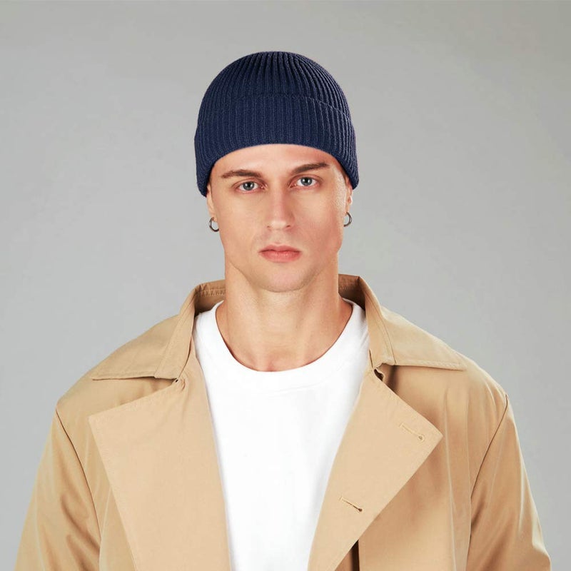 Heniho 3 Pack Wool Fisherman Beanies for Men, Short Knit Watch Cap Cuffed Trawler Hats,C - Image 5