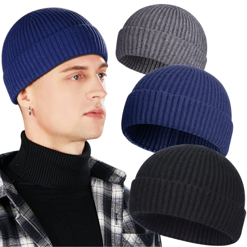 Heniho 3 Pack Wool Fisherman Beanies for Men, Short Knit Watch Cap Cuffed Trawler Hats,C - Image 1
