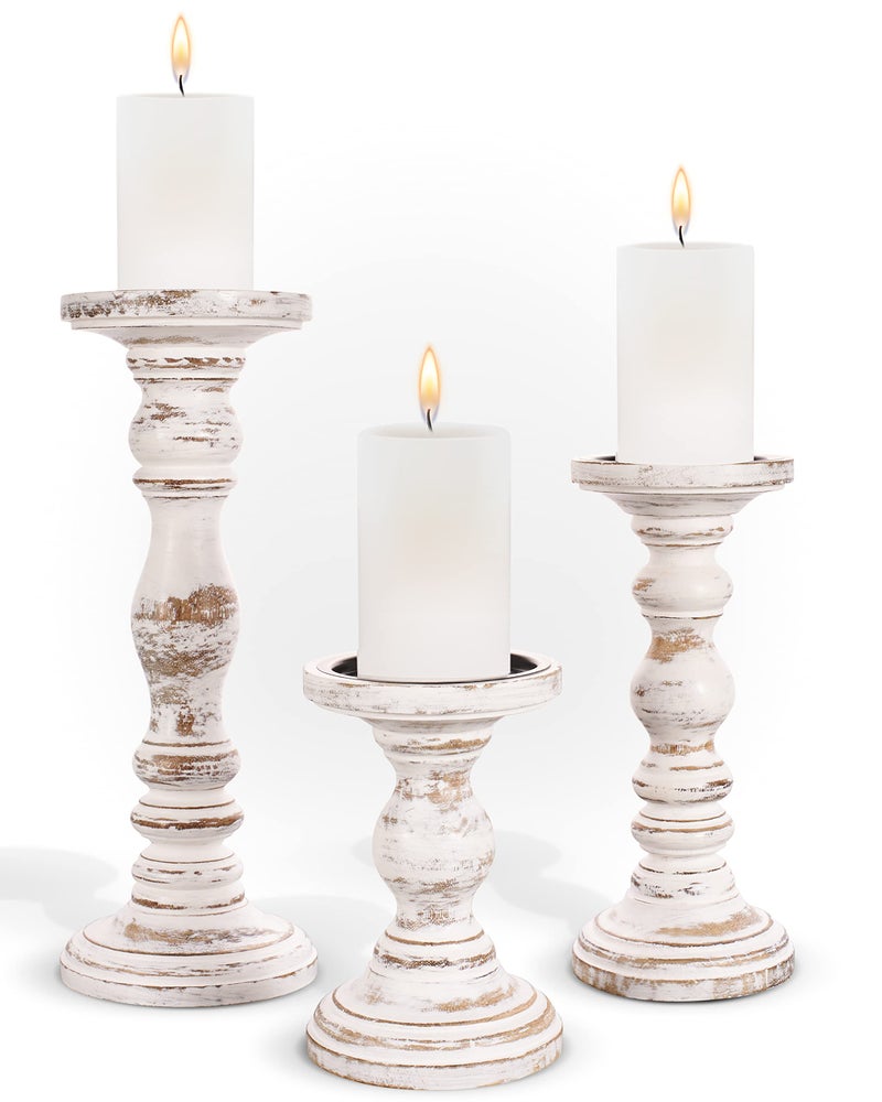 Large Candle Holders for Pillar Candles  Rustic Farmhouse Style Home Decor  Perfect for Table Centerpieces Coffee Table or Fireplace Mantel  3 Piece Set  White