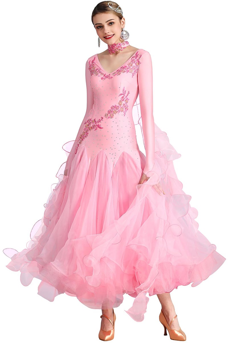 ORIDOOR Flash Rhinestone Ballroom Dance Waltz Tango Standard Competition Dance Dress 03Sakura Pink Large