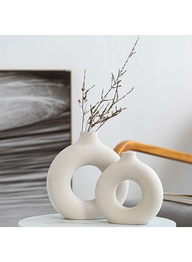 QLOFEI White Ceramic Vase Set 2 for Modern Home Decor,Round Matte Pampas Flower Vases Minimalist Nordic Boho Ins Style for Wedding Dinner Table Party Living Room Office Bedroom, Decorative Gift - Image 1