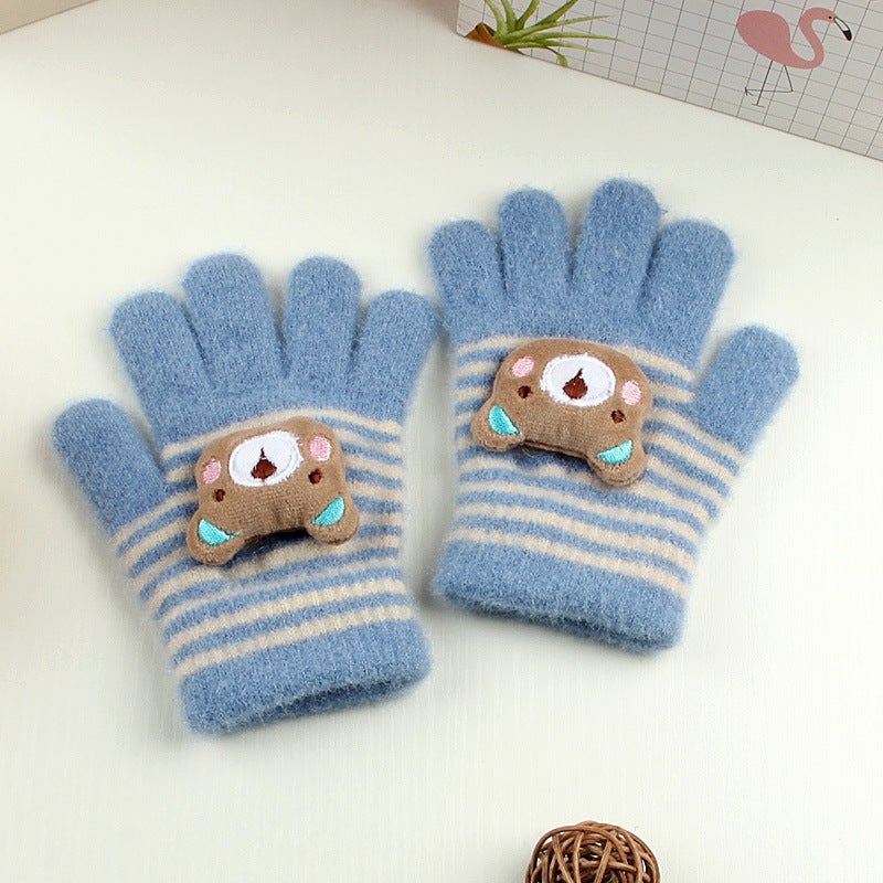 Kids Cartoon Bear Knit Gloves Warm Thickened Winter Navy  - Image 2