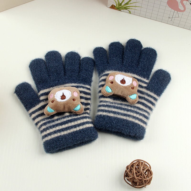 Kids Cartoon Bear Knit Gloves Warm Thickened Winter Navy  - Image 1