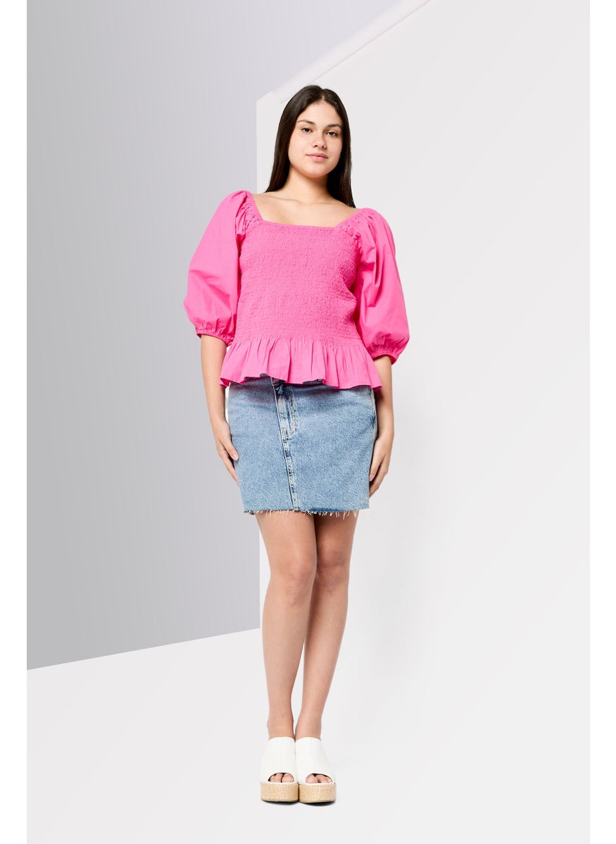 Scotch & Soda Women Square Neck 3/4 Sleeves Textured Blouse, Fuchsia  - Image 2