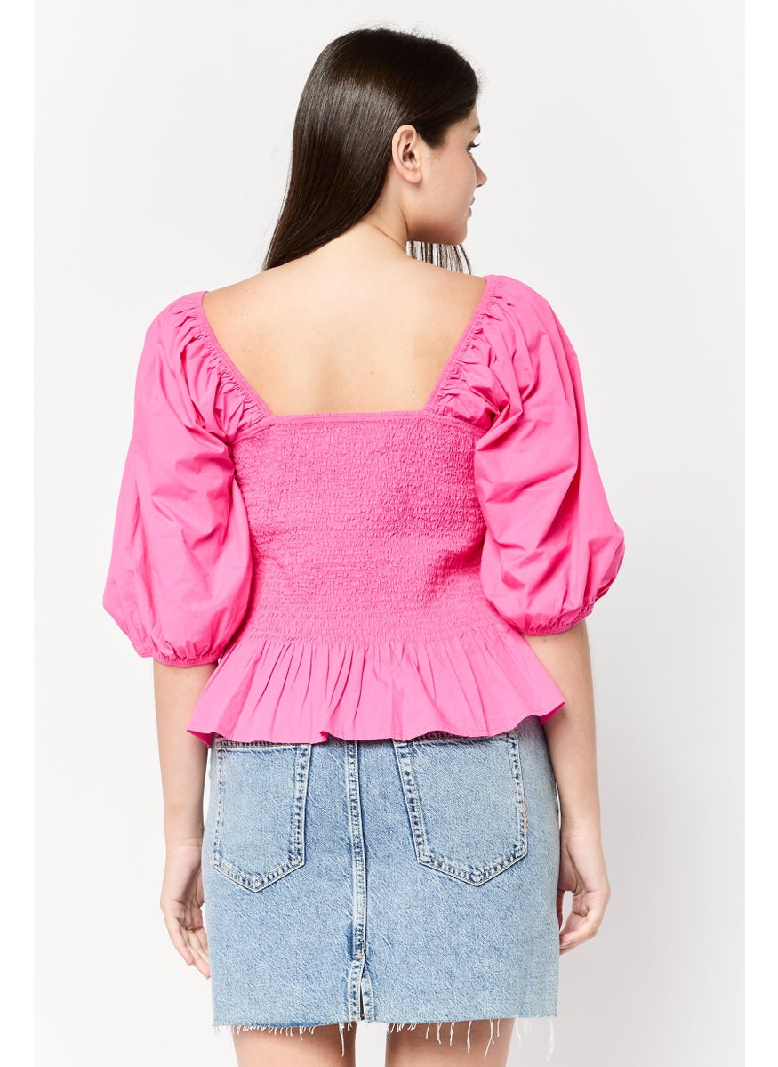Scotch & Soda Women Square Neck 3/4 Sleeves Textured Blouse, Fuchsia  - Image 4