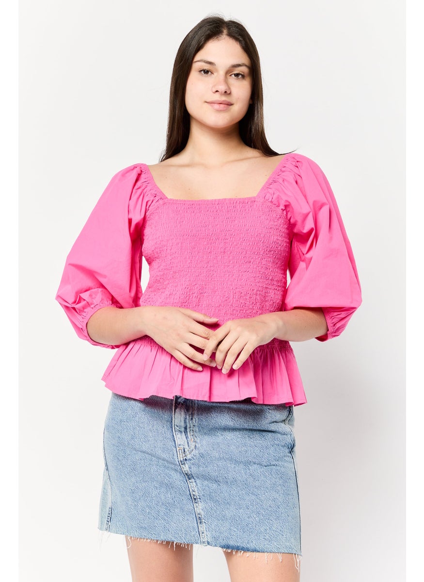 Scotch & Soda Women Square Neck 3/4 Sleeves Textured Blouse, Fuchsia  - Image 1
