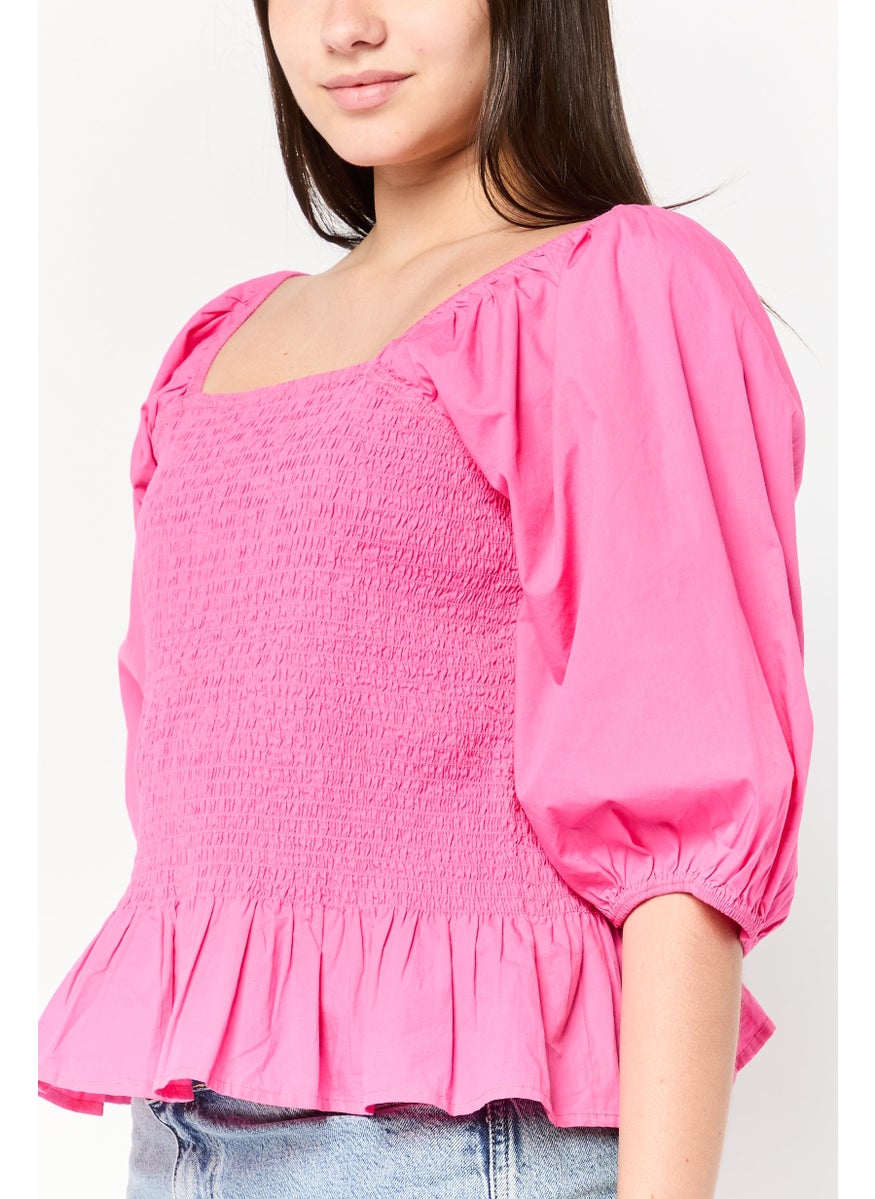 Scotch & Soda Women Square Neck 3/4 Sleeves Textured Blouse, Fuchsia  - Image 3