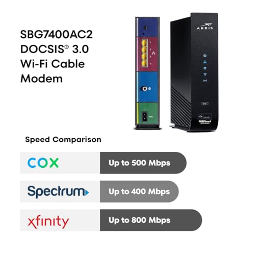 ARRIS أريز (SBG7400AC2) - جهاز مودم راوتر كومبو - سريع DOCSIS 3.0 و AC2350 واي فاي، لمزود خدمة Comcast Xfinity، Cox، تحقق مع مزود الخدمة للتوافق [غير متوافق مع Spectrum]، أربعة منافذ 1 جيجابت في الثانية، سرعة إنترنت قصوى 800 ميجابت في الثانية - Image 3