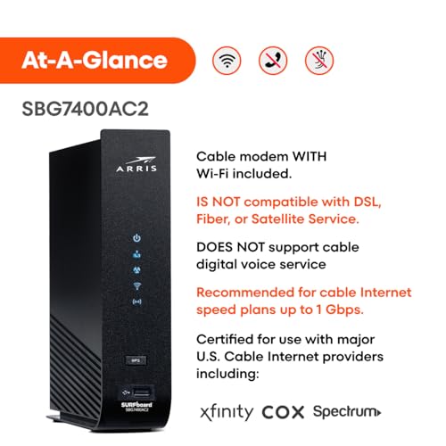 ARRIS أريز (SBG7400AC2) - جهاز مودم راوتر كومبو - سريع DOCSIS 3.0 و AC2350 واي فاي، لمزود خدمة Comcast Xfinity، Cox، تحقق مع مزود الخدمة للتوافق [غير متوافق مع Spectrum]، أربعة منافذ 1 جيجابت في الثانية، سرعة إنترنت قصوى 800 ميجابت في الثانية - Image 4