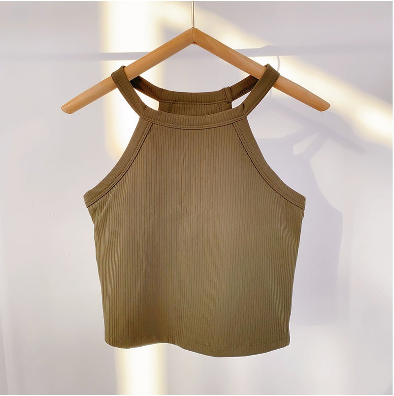 Nariele Xi Sheep Shepherd Snow Sports Yoga Vest Summer Slim-fit Short Threaded Halter Strap Womens Shock-proof Push-up Top olive green