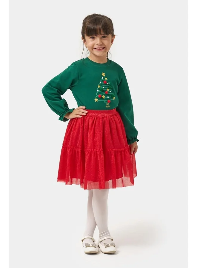 Magu Girls’ Cotton Green Christmas Tree Print Long Sleeve Red Tulle Set - Happy Holidays Themed