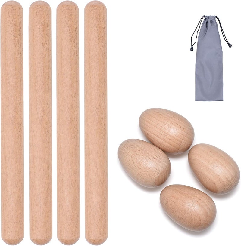 TDOCK 8 Pcs Musical Percussion Instrument Set, includes 4 Pcs 8 Inch Rhythm Sticks Wood Claves and 4 Pcs Wood Egg Shakers - Image 1