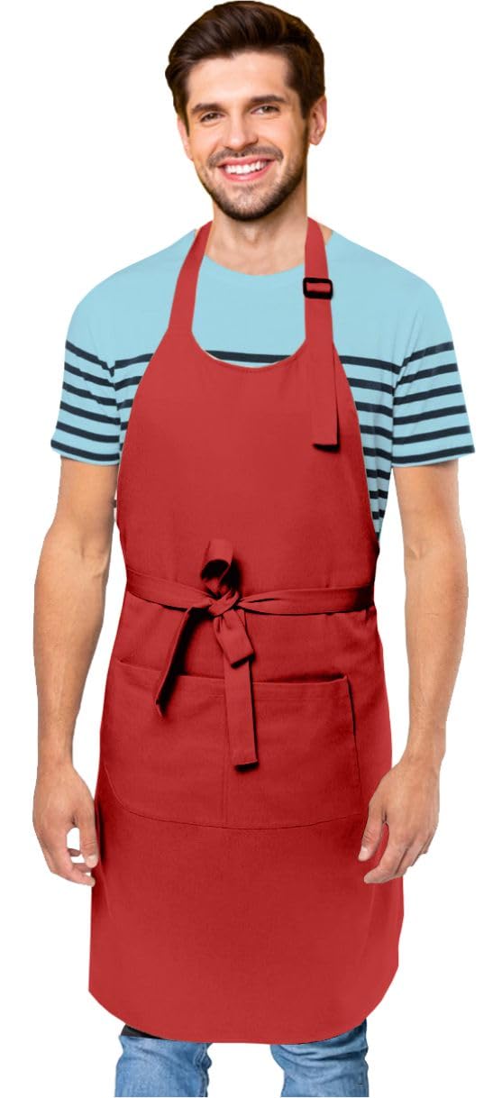 Cranique Polyester Kitchen Apron with Adjustable Strap Two Pockets for Women & Men | Free Size Apron for Kitchen, Hotel, Cafe, Restaurant, Salon, Workshop, Garage, Drawing, Cooking Apron – Red - Image 1