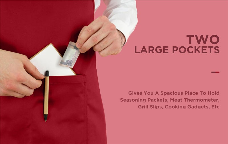 Cranique Polyester Kitchen Apron with Adjustable Strap Two Pockets for Women & Men | Free Size Apron for Kitchen, Hotel, Cafe, Restaurant, Salon, Workshop, Garage, Drawing, Cooking Apron – Red - Image 3
