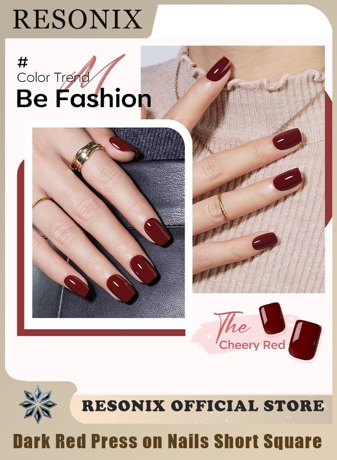 RESONIX Dark Red Press On Nails Short Square, Fake Nails 24Pcs with 12 Sizes, Reusable Nail Kit Includes Jelly Glue, Lasts 20 Days, Easy Apply Manicure Gift for Women - Image 1