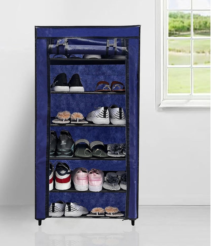 PHILOSHOP PHILOSHOP 6 Tier Collapsible Wardrobe Clothes Organizer Adjustable Racks Space Saving Foldable Stand Multipurpose Storage Shelves Lightweight Cabinet for Men Women Kids with Cover Navy Blue - Image 1