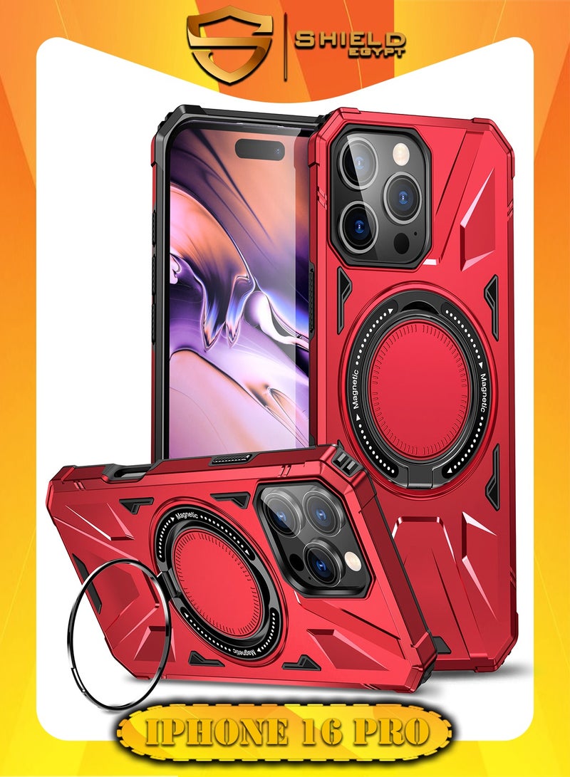 SHIELD EGYPT SHIELD EGYPT For iPhone 16 Pro Case Mag-Safe Magnetic Shockproof Phone Case with Ring Holder (Red)