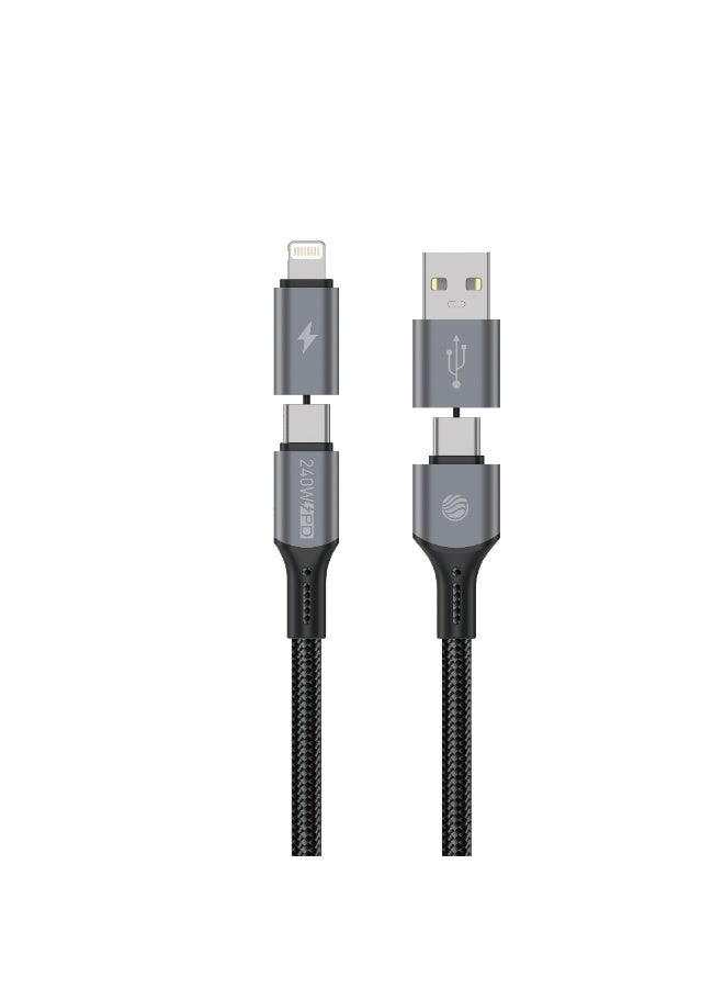 FIFTH ELEMENT SPLIT 1.2m 4-in-1 240W Multi-Charging USB Cable, USB-A/USB-C to USB-C & Lightning with E-Marker – Grey - Image 1