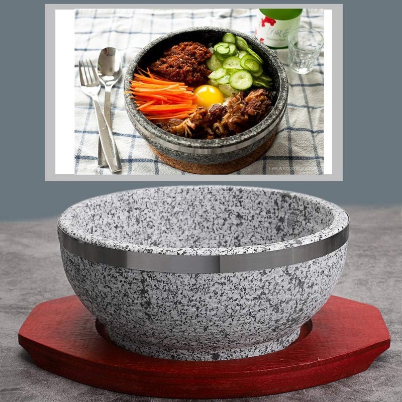 MDLUU Dolsot Bibimbap Bowl 32 Oz Granite Stone Bowl with Wood Base Dolsot Pot for Korean Soup Rice and Stew - Image 5