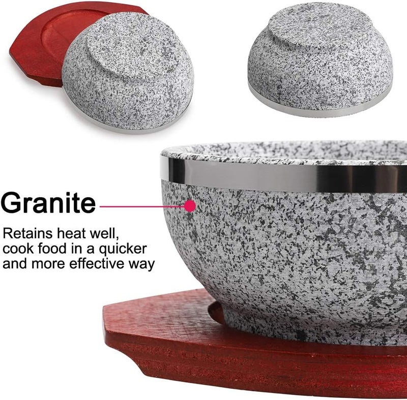MDLUU Dolsot Bibimbap Bowl 32 Oz Granite Stone Bowl with Wood Base Dolsot Pot for Korean Soup Rice and Stew - Image 3