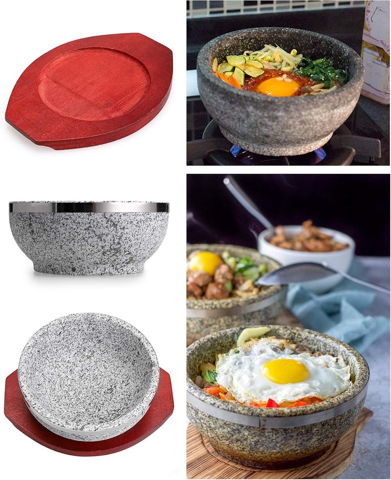 MDLUU Dolsot Bibimbap Bowl 32 Oz Granite Stone Bowl with Wood Base Dolsot Pot for Korean Soup Rice and Stew - Image 4