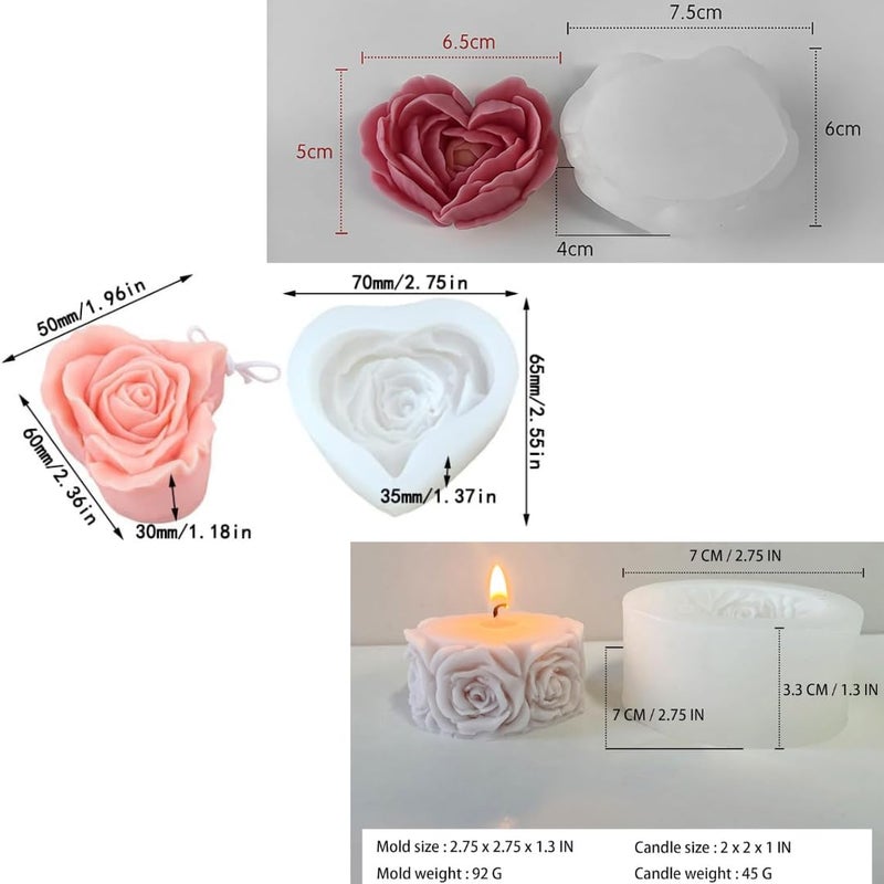 Skytail 3D Rose Column, Flower Heart & Rose Petal Heart Candle Molds for Making Candle Waxmelts Aromatherapy Clay Craft DIY Soap Resin Casting Home Decoration Chocolate Baking Cakes Candy Valentines Day Molds - Image 2