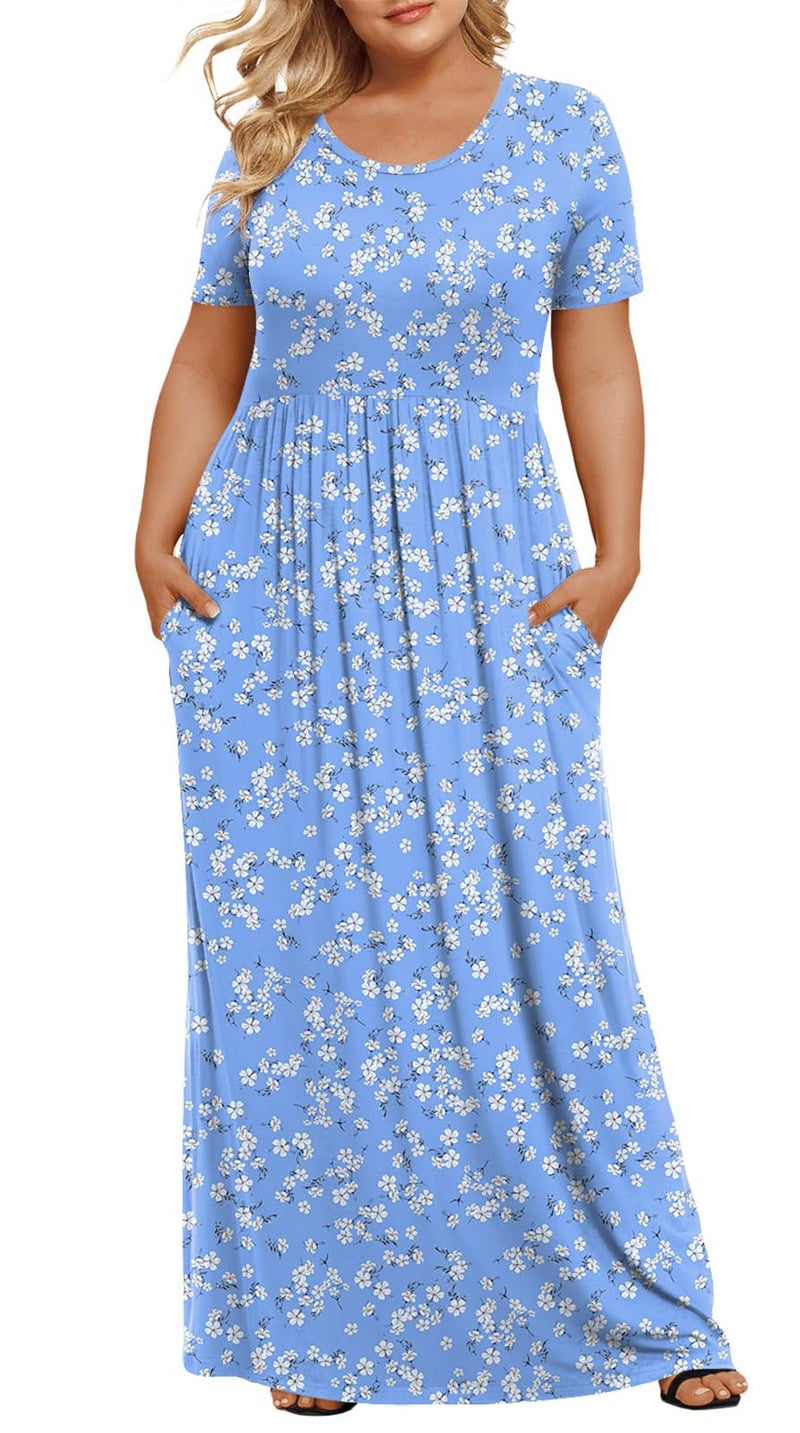 LONGYUAN Women's Plus Size Maxi Dresses for Curvy Women Summer Short Sleeve Casual 2026 Long Dress Light Blue Fl 2XL - Image 1