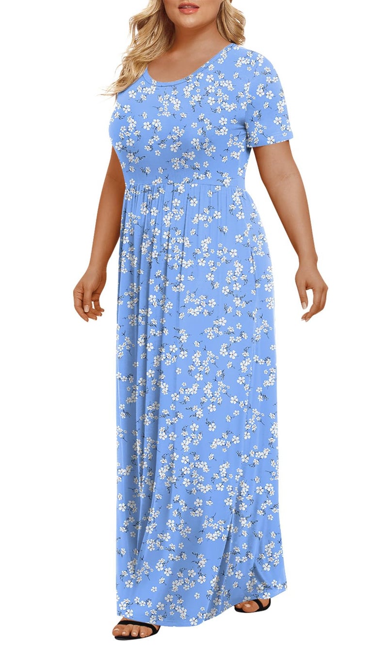 LONGYUAN Women's Plus Size Maxi Dresses for Curvy Women Summer Short Sleeve Casual 2026 Long Dress Light Blue Fl 2XL - Image 2