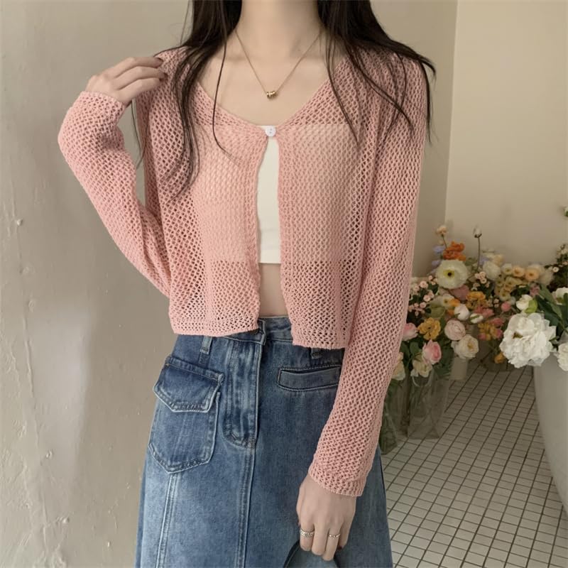 ICW Women's Ribbed Knitted V-Neck Hollow Out Cardigan Front-Open Top Long Sleeve Shrug Jacket for Girls E291 (in, Alpha, M, Regular, Pink) - Image 2
