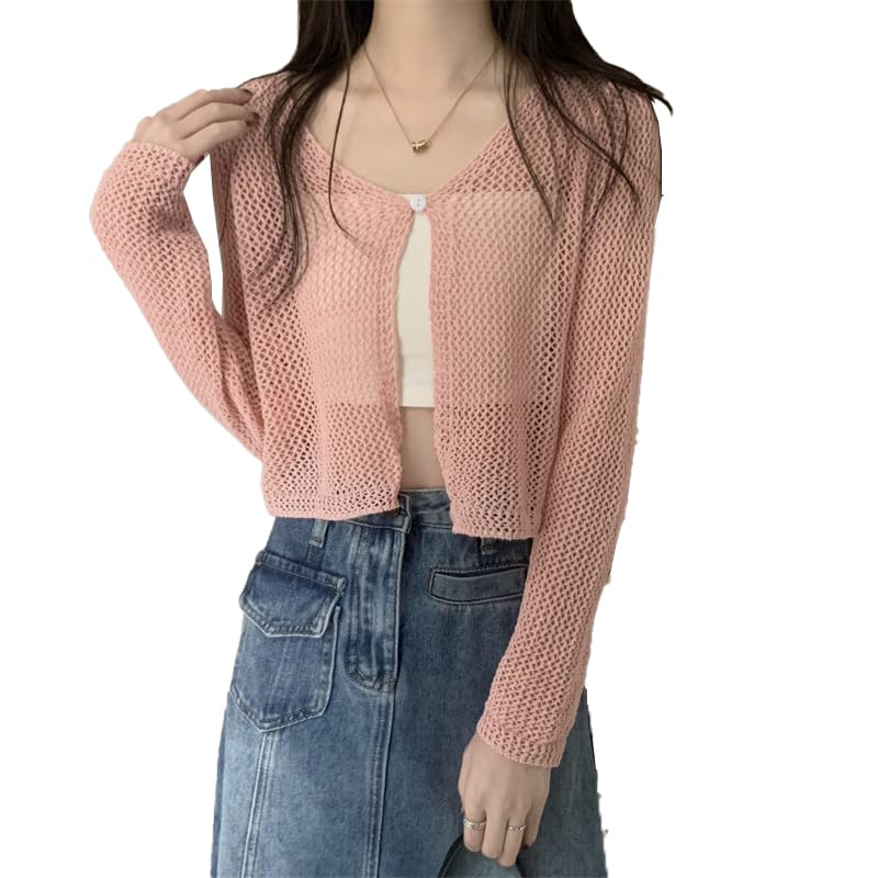 ICW Women's Ribbed Knitted V-Neck Hollow Out Cardigan Front-Open Top Long Sleeve Shrug Jacket for Girls E291 (in, Alpha, M, Regular, Pink) - Image 1