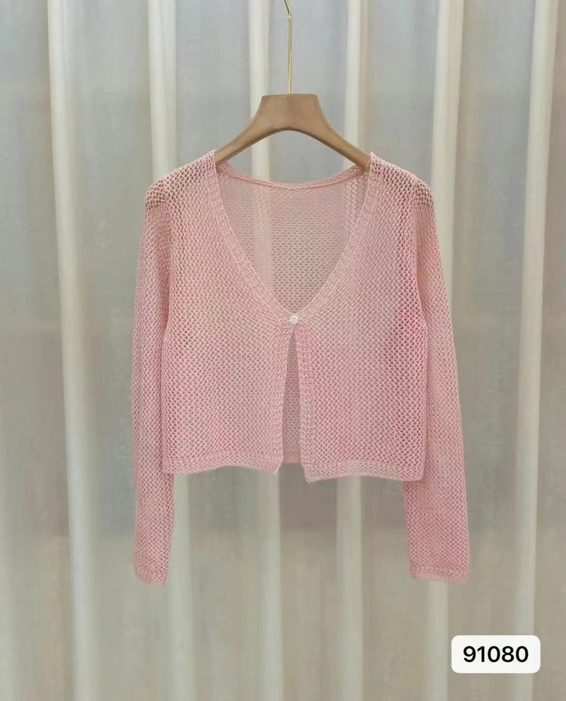 ICW Women's Ribbed Knitted V-Neck Hollow Out Cardigan Front-Open Top Long Sleeve Shrug Jacket for Girls E291 (in, Alpha, M, Regular, Pink) - Image 5
