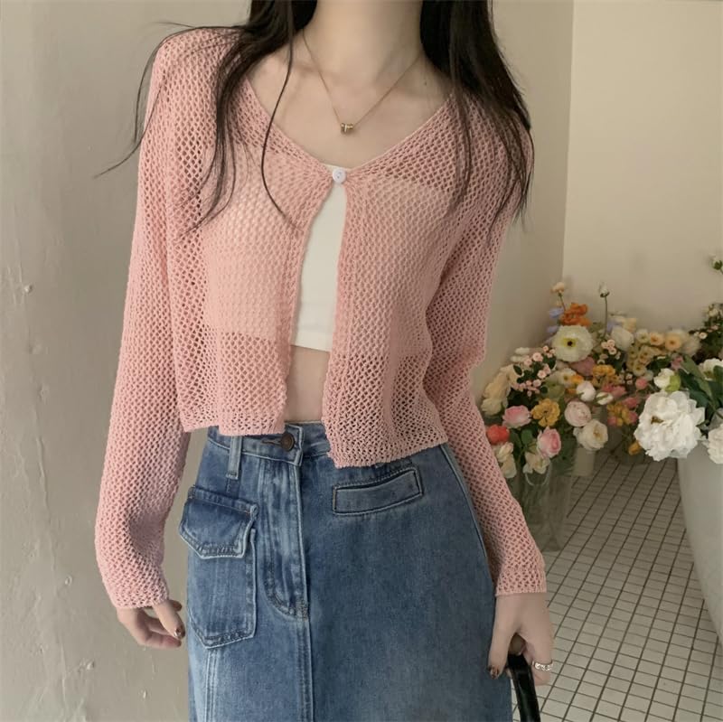 ICW Women's Ribbed Knitted V-Neck Hollow Out Cardigan Front-Open Top Long Sleeve Shrug Jacket for Girls E291 (in, Alpha, M, Regular, Pink) - Image 4