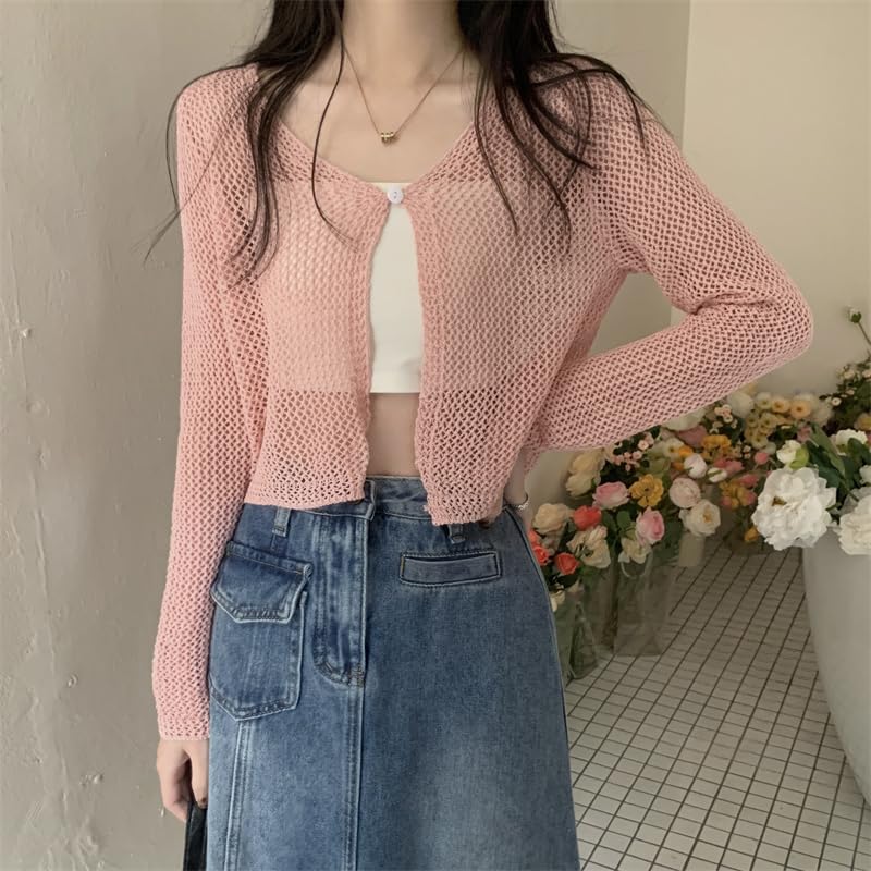 ICW Women's Ribbed Knitted V-Neck Hollow Out Cardigan Front-Open Top Long Sleeve Shrug Jacket for Girls E291 (in, Alpha, M, Regular, Pink) - Image 3