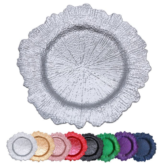 SILVER REEF CHARGER PLATES 13INCH SET 10PCS PLASTIC FLORAL CHARGER PLATES WEDDING FOR DINNERWEDDINGPARTYEVENTDECORATIONREEF SILVER10