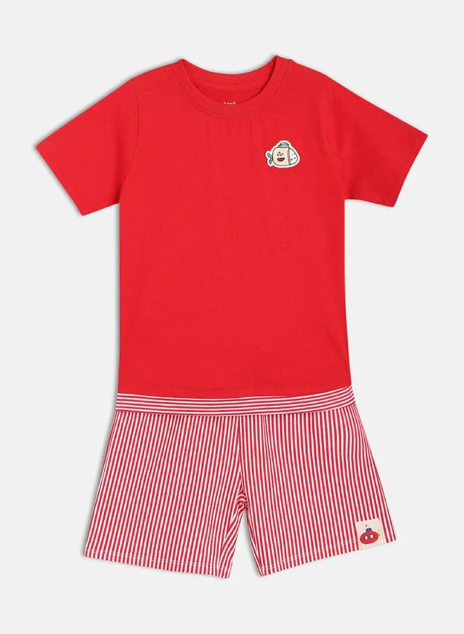 MINIKLUB Boys Cotton Round Neck T-Shirt and Striped Shorts Set