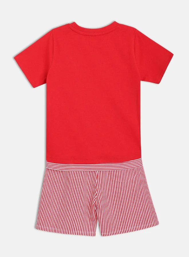 MINIKLUB Boys Cotton Round Neck T-Shirt and Striped Shorts Set