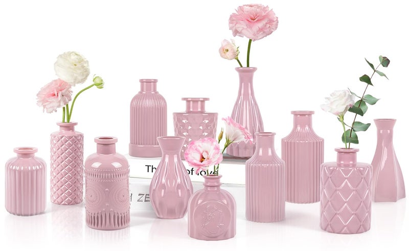 TBWIND Blush Pink Glass Bud Vase Set of 12 â€“ Mini Vintage Vases for Flowers, Centerpieces, Wedding & Home DÃ©cor - Image 1