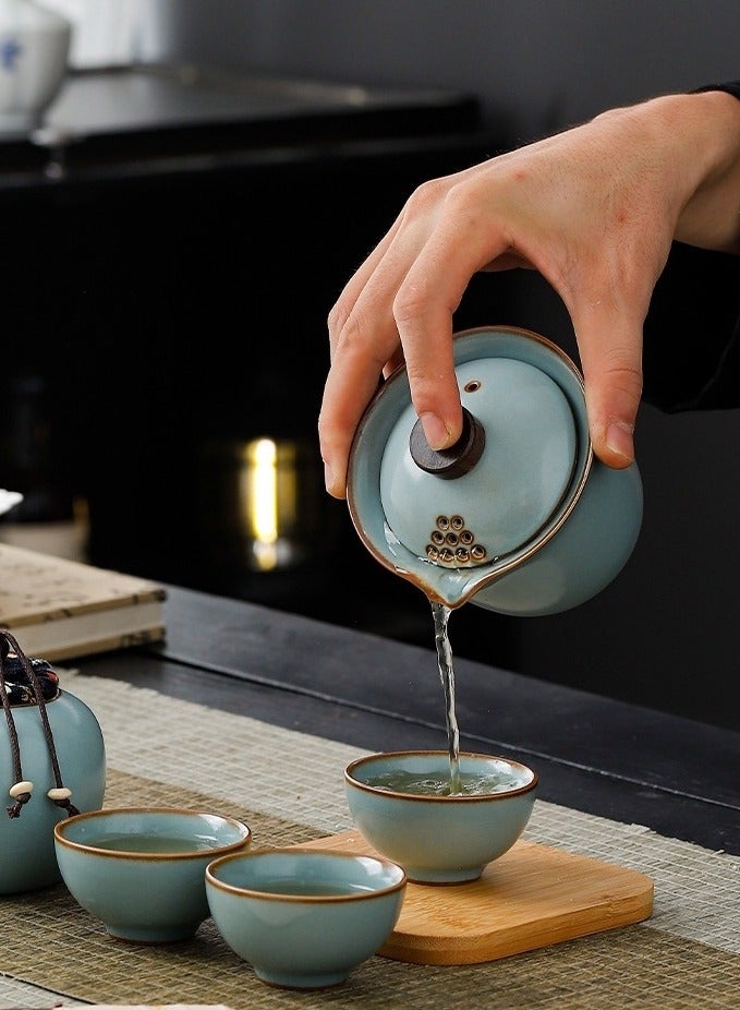 Portable Travel Tea Set, 1 Pot 3 Cups Porcelain Teacups with Tea Portable Bag for Outdoor Picnic,Travel,  Cyan - Image 2