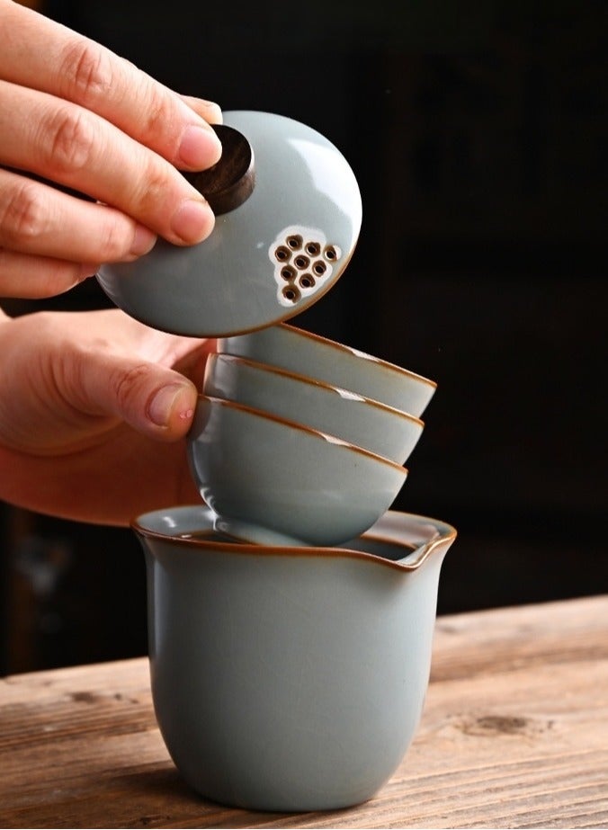 Portable Travel Tea Set, 1 Pot 3 Cups Porcelain Teacups with Tea Portable Bag for Outdoor Picnic,Travel,  Cyan - Image 3