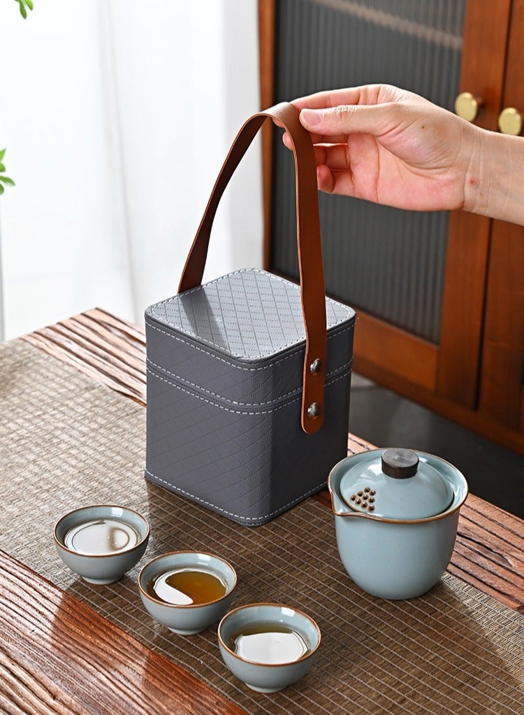 Portable Travel Tea Set, 1 Pot 3 Cups Porcelain Teacups with Tea Portable Bag for Outdoor Picnic,Travel,  Cyan - Image 5