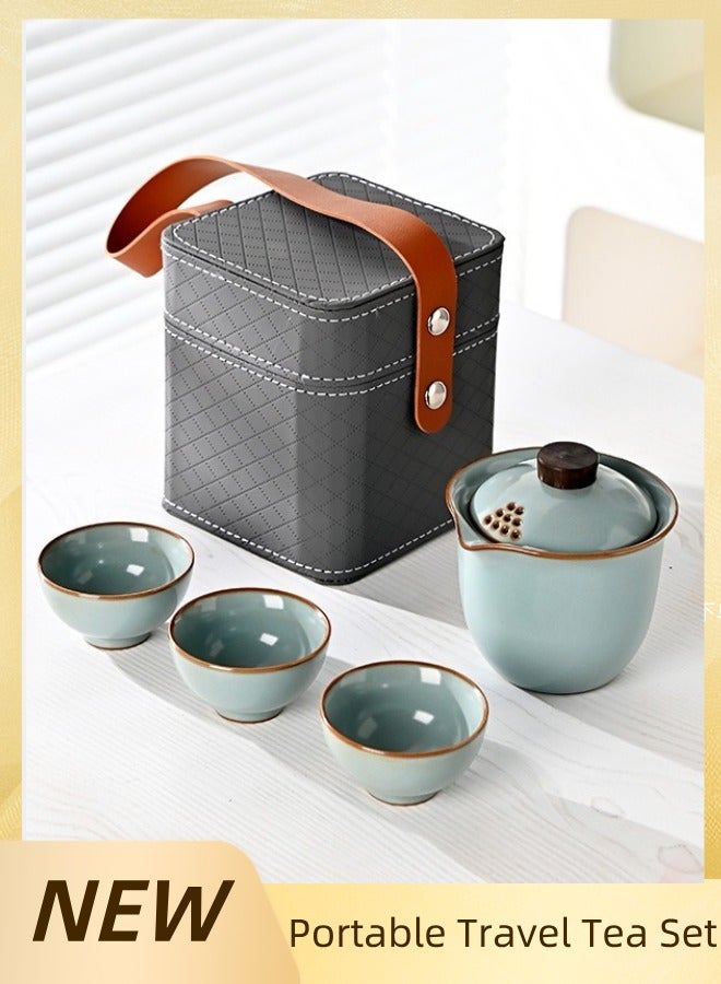 Portable Travel Tea Set, 1 Pot 3 Cups Porcelain Teacups with Tea Portable Bag for Outdoor Picnic,Travel,  Cyan - Image 1