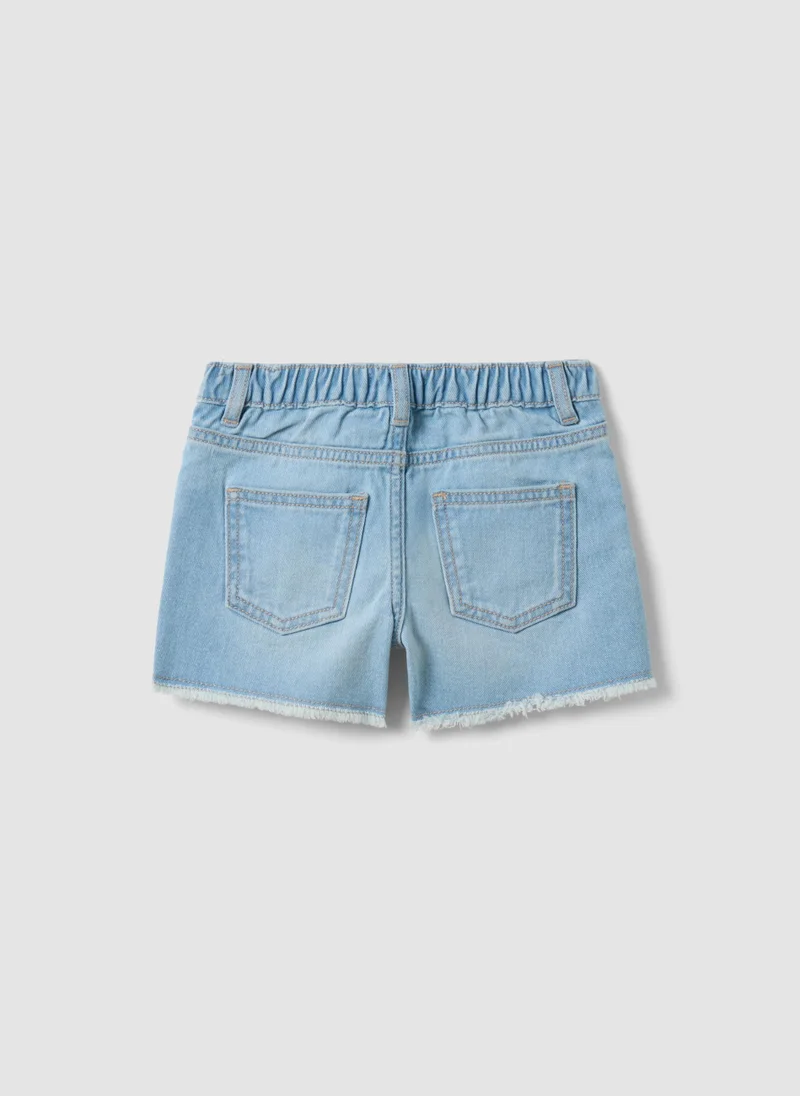او في اس OVS Light Blue Pure Cotton Denim Shorts With Embroidered Hearts For Girls
