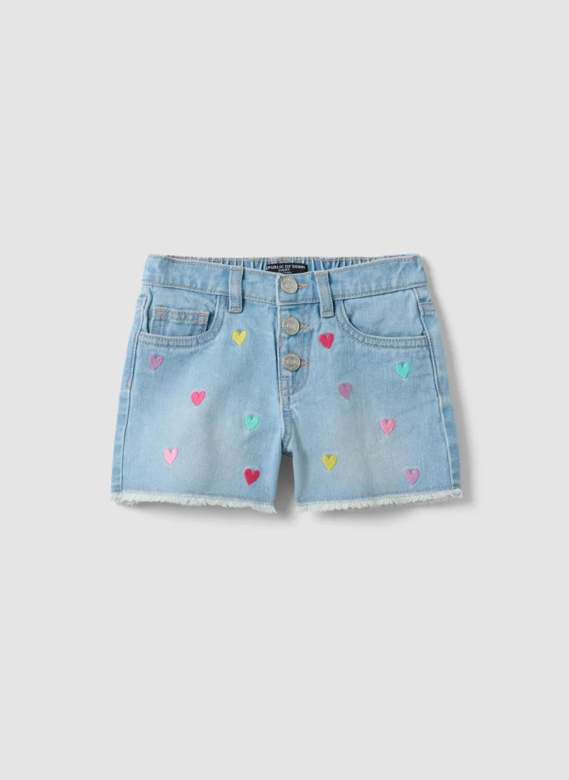 او في اس OVS Light Blue Pure Cotton Denim Shorts With Embroidered Hearts For Girls