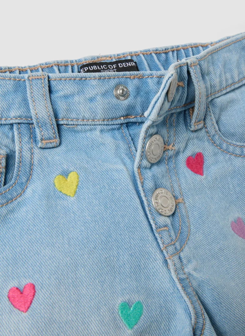 Ovs  OVS Light Blue Pure Cotton Denim Shorts With Embroidered Hearts For Girls for Kids | Best Price UAE