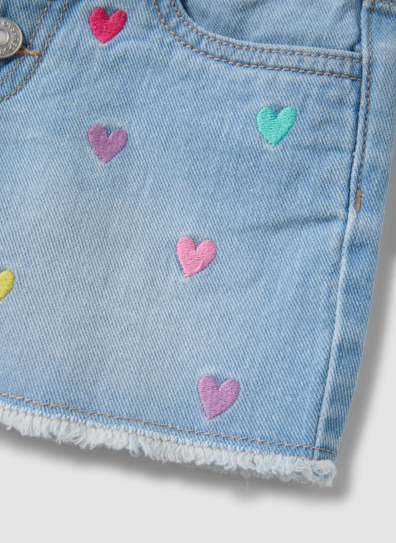 Ovs  OVS Light Blue Pure Cotton Denim Shorts With Embroidered Hearts For Girls for Kids | Best Price UAE
